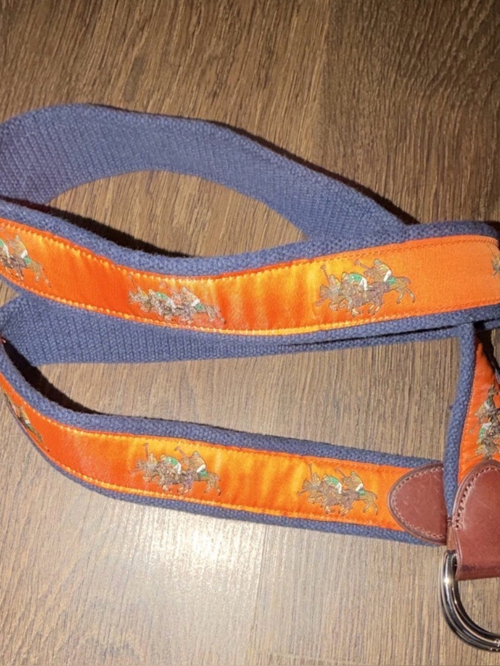 Polo Ralph Lauren Blue Webbing Belt with Orange Horse Ribbon Detail